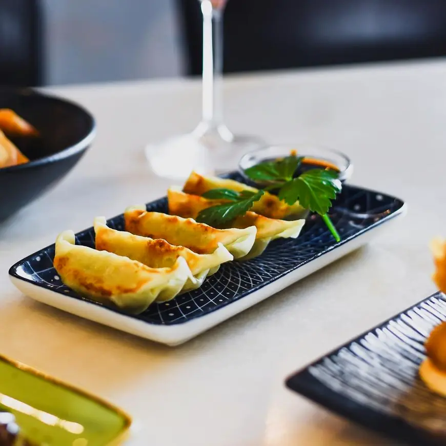 Gyoza auf einem dunklen Teller mit Dip